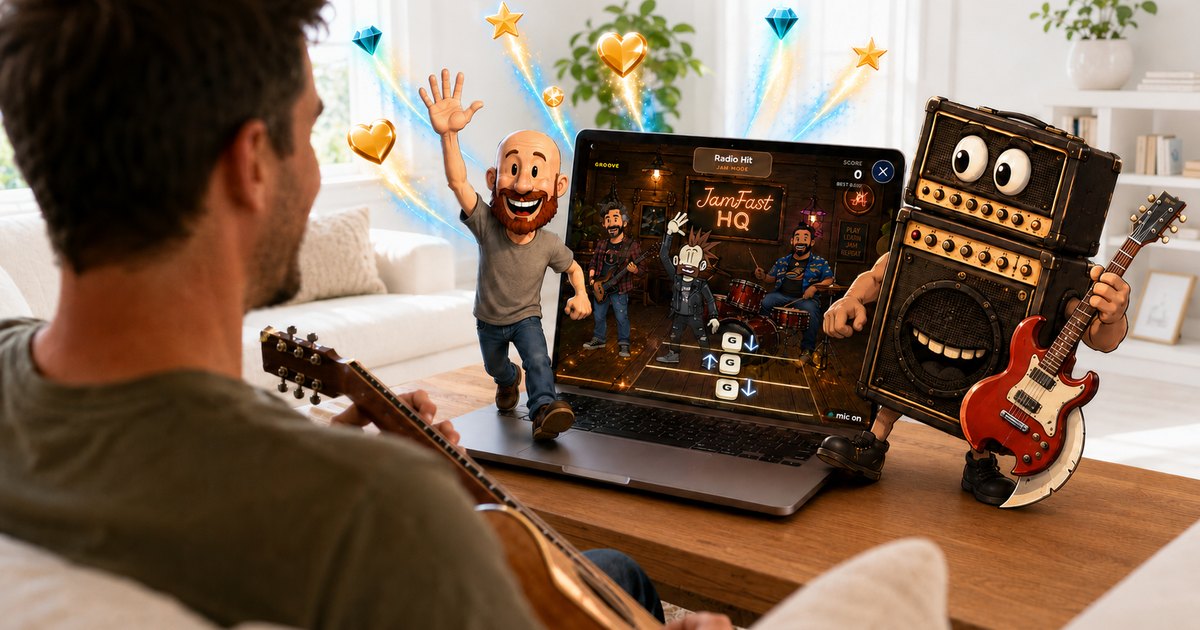A man playing guitar on the couch with the JamFast app open on his laptop